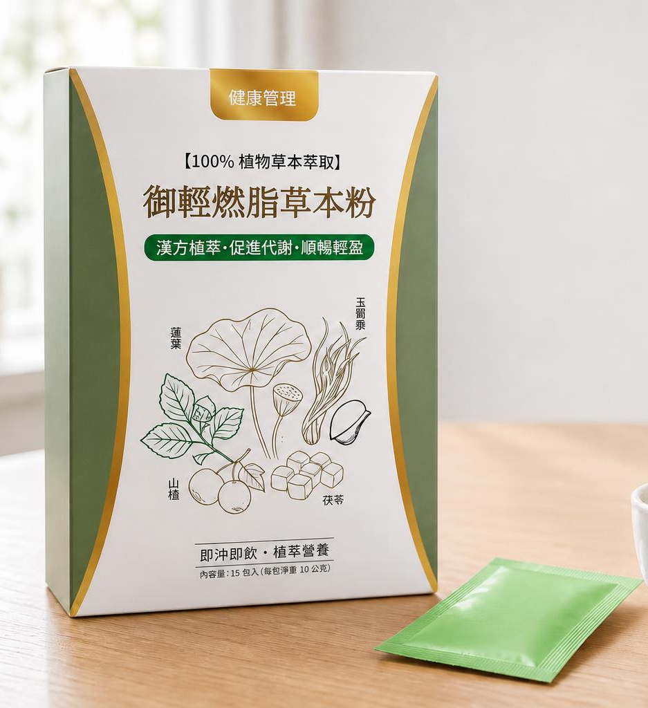 御輕燃脂草本粉外盒與綠色隨身包